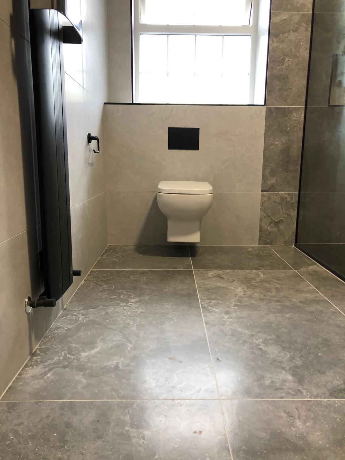 Wall-hung WC with black flush plate beside an anthracite vertical radiator