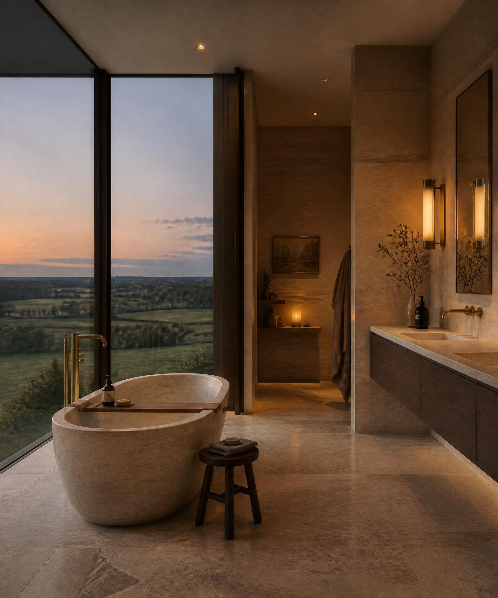 Contemporary bathroom with stone tub, brass fixtures and countryside view